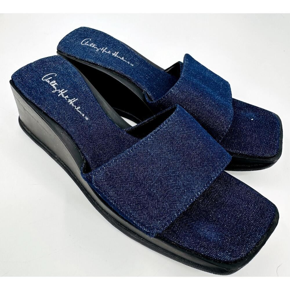 Anthony Mark Hankins Denim Sparkle Wedge Slide Sandals Blue Womens size 6.5 New